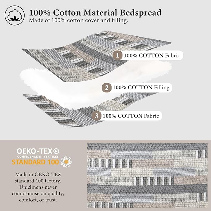 Uniclinens Quilt Set King Size, 100% Cotton Quilted Quilts Bedding Set Bedspreads, Farmhouse Patchwork Plaid Quilted Comforter Set, 3 Pieces Set with 2 Pillowshams, Cream/Grey/Brown