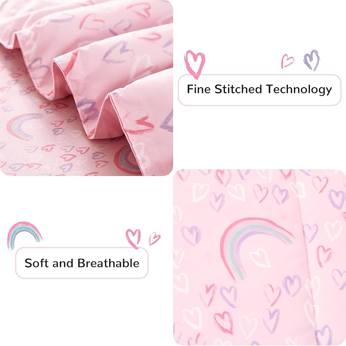 Viviland Kids Twin Bedding Sets for Girls, Soft Twin Comforter Set with Sheets, 5 Pieces Microfiber Bed in a Bag, Pink Heart Rainbow