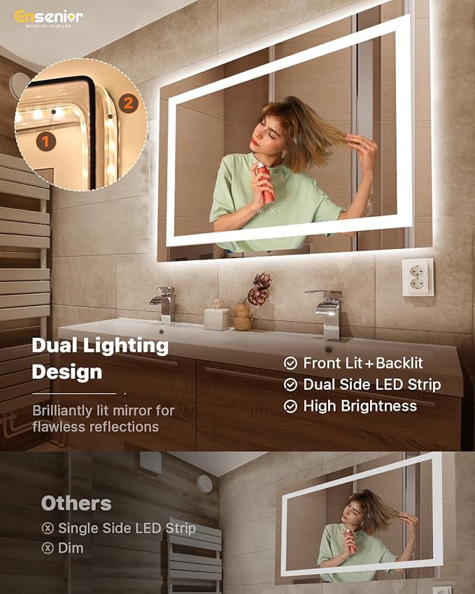 Ensenior LED Bathroom Mirror 60"x 40" with Front and Backlight, Stepless Dimmable Wall Mirrors with Anti-Fog, Shatter-Proof, Memory, 3 Colors, Modern LED Vanity Mirror- FCC