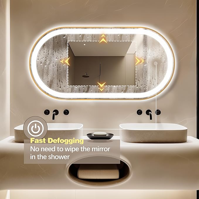 48" x 24" Oval LED Bathroom Mirror with Lights, Gold Metal Framed Anti-Fog LED Vanity Mirror, Lighted Bathroom Mirrors Wall Mounted, Stepless Dimmable, Shatter-Proof, Horizontal/Vertical