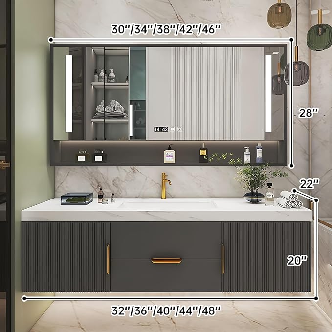 Bathroom Vanity with Single Sink, Modern Bathroom Vanities Compo Includes LED Smart Defogging Mirror Cabinet and Open Shelf, Solid Wood Bathroom Sink Vanity with Slate Countertop (Dark Grey,44")