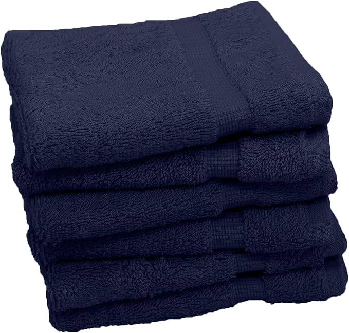 Luxury Hotel & Spa Towel Turkish Cotton Washcloths - Navy - Dobby Border - Set of 6