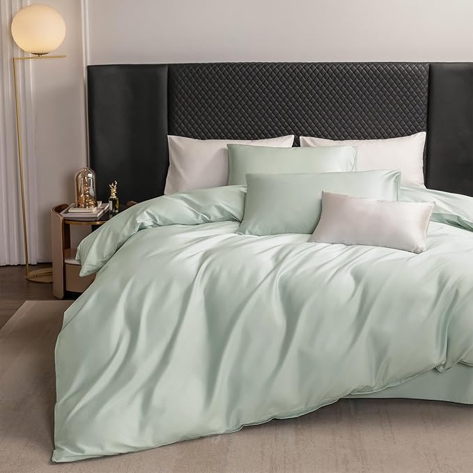 MooMee Duvet Cover Set 100% Extra Long Staple Cotton 600 Thread Count Silky Sateen Smooth Luxury Soft Breathable Durable Hotel Quality Bedding, 3 Pieces (Sage Green, King 104"x90")