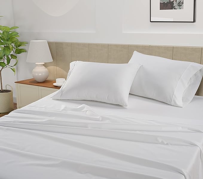 Lane Linen 100% Cotton Sheets – 450 Thread Count Full Size Sheet Set, Naturally Cooling Sateen Sheets, Soft & Comfy, 15” Deep Pocket Fully Elasticized Fitted Sheet, Bedding Sheets & Pillowcases, White