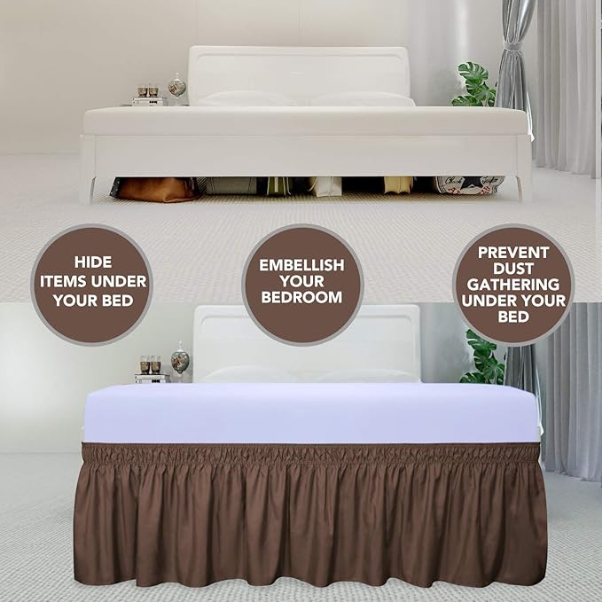 PureFit Wrap Around Ruffled Bed Skirt with Adjustable Elastic Belt - 22 Inch Drop Easy to Put On, Wrinkle Free Bedskirt Dust Ruffles, Bed Frame Cover for Twin,Twin XL and Full Size Beds, Brown