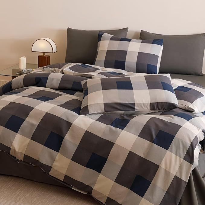Cottonight Checkered Blue Comforter Set Full Gingham Grid Bedding Set Navy and Khaki Grid Comforter Fluffy Soft Bedding Set Kids Teens Full Comforter with 2 Pillowcases