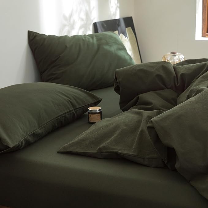 FOSSA Duvet Cover Set 100% Washed Cotton Linen Feel Super Soft Breathable Cozy Simple Style 3 Pieces Bedding Sets Solid Olive Green Super King Plus