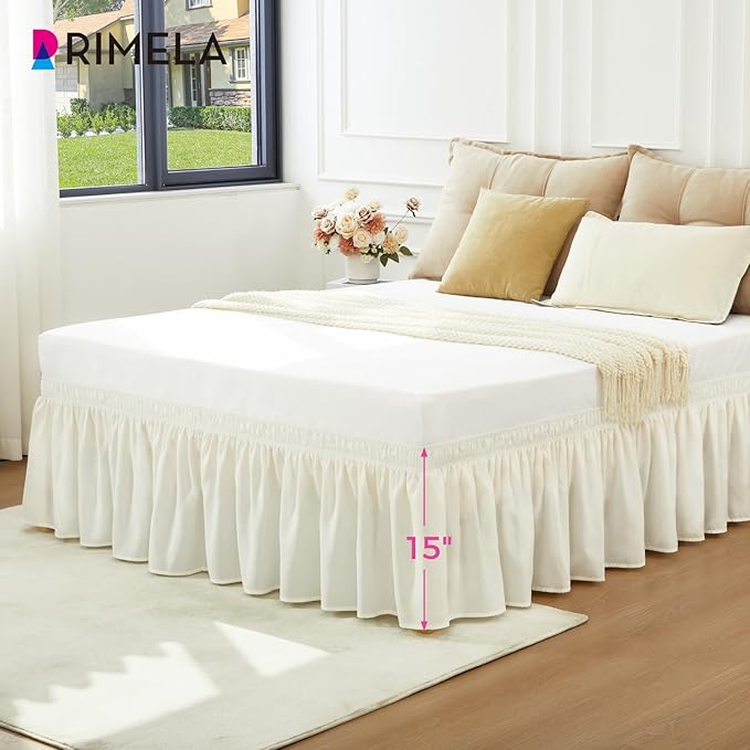 RIMELA Ivory White Bed Skirt Queen Size 15 Inch Drop, Elastic Bed Skirting for Bed Base and Frame, Bedding Dust Ruffle Easy to Install, Lightweight Wrap Around Adjustable Bedskirt