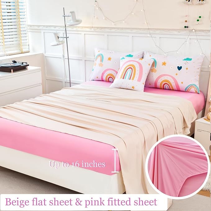 ANGIYUIN 6 Pieces Multi-Color Rainbow Full Bedding Set for Girls Kids Cute Cloud and Love Hearts Girls Comforter Set Soft Microfiber Kid Bed in a Bag with Comforter, Sheets, Pillowcases