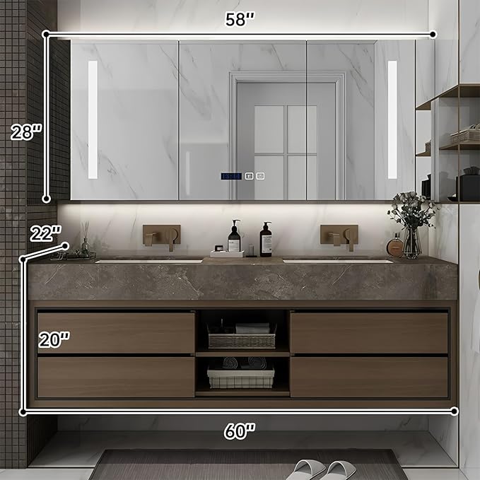 60IN Double Sink Bathroom Vanity, Floating Modern Bathroom Vanity Include Smart Defog Mirror Cabinet with LED Light, Solid Wood Vanities with Integrated Sink and Drawers Storage