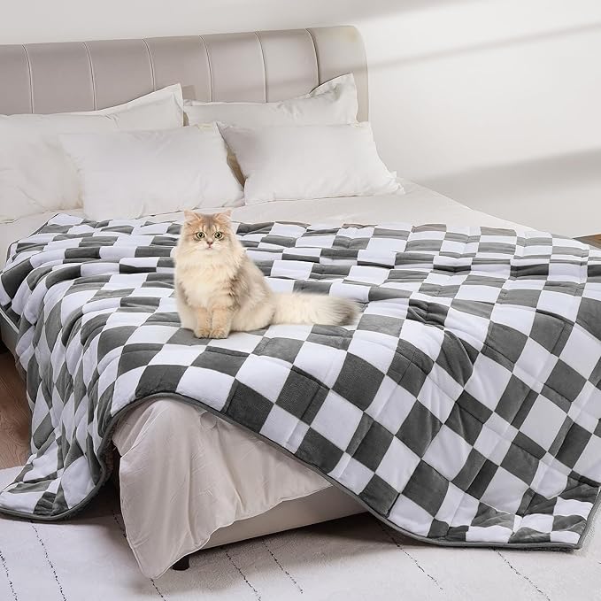 Cottonblue Checkerboard Weighted Blanket for Adults Queen Size 20 lbs 60" x 80", Fluffy Sherpa Flannel Heavy Weighted Throw Blankets for Bed Couch Sofa, Ultra Soft Cozy Bed Blanket, Plaid Grey
