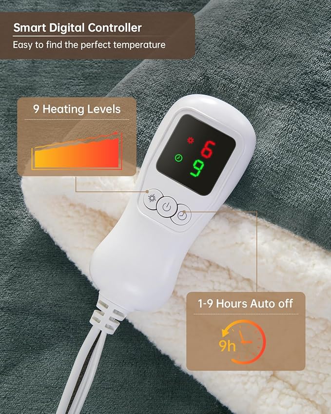 Electric Heated Blanket Throw Size with Foot Pockets & Sleeves, Wearable Washable Blanket Warmer for Home & Office, Cozy Soft Flannel 50" x 70", 9 Heat Levels, 1-9H Auto-Off, ETL Certified, Grey