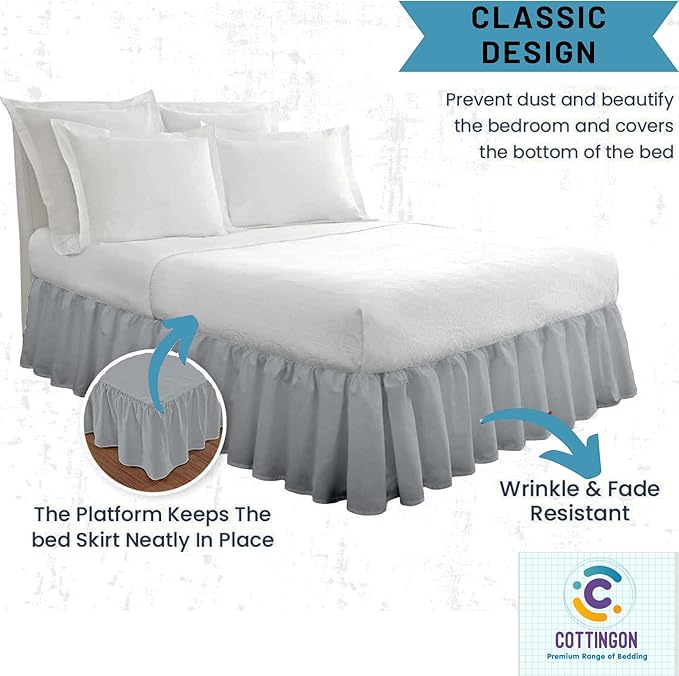 Cottingon Ruffled Bed Skirt with Split Corners-Dust Ruffle - 16" Drop 100% Microfiber Soft,Sheen & Luxurious Look - Bed Skirts (Light Grey -King)