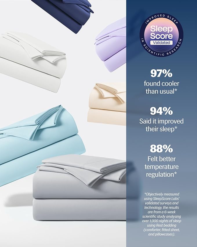 REST® Evercool®+ Cooling Sheet Set, Queen Size, Light Gray, Breathable Bed Sheets for Hot Sleeper and Night Sweats, with Pillowcases, with Ionic+ Self-Cleaning Silver Yarn for Sensitive Skin, 4PCS
