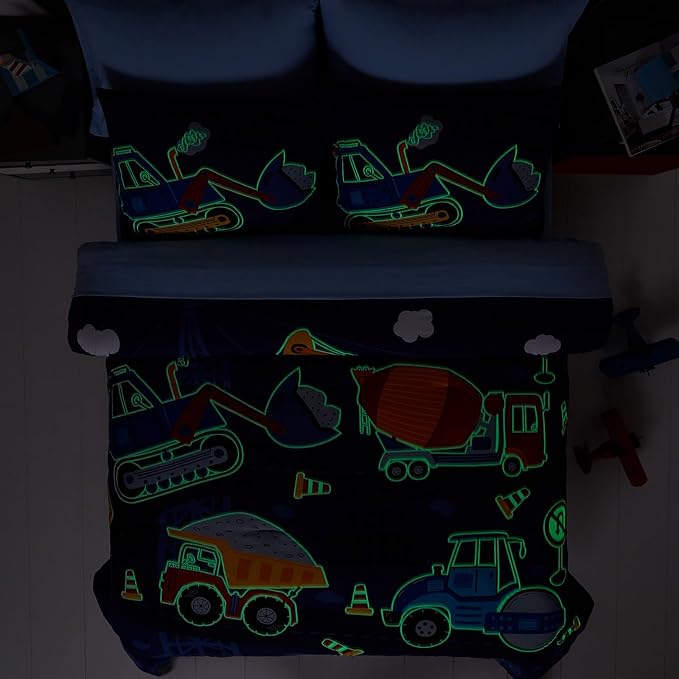 Full Size Comforter Set for Boys-7 Pieces Truck Tractor Excavator Glow in The Dark Full Bedding Sets for Kids, Ultra Soft Bed in A Bag with Sheets