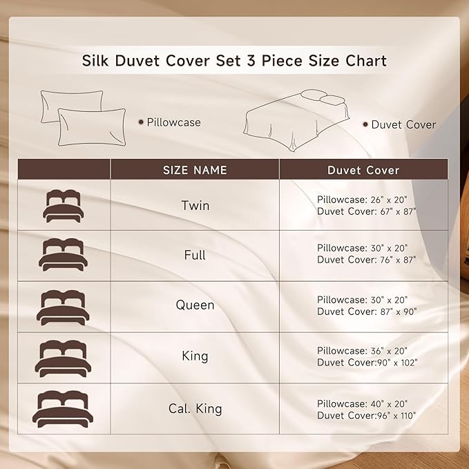 THXSILK 100% Pure Mulberry Silk Duvet Cover Set 3 Piece, 6A+ Grade Luxury Soft Bedding Silk Sheets for Hair and Skin, 1 Pcs Duvet/Quilt/Comforter Cover with 2 Zippered Pillowcases (Champagne, Full)