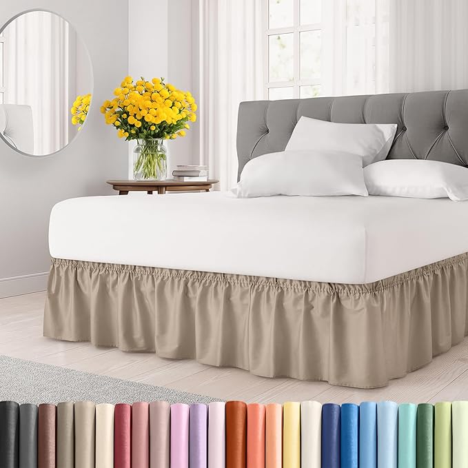 Wrap Around Dust Ruffle Bed Skirt - Cream - for Twin Size Beds w/ 16 Inch Drop - Easy Fit Elastic Strap - Adjustable Pleated Bedskirt w/Brushed Fabric, Wrinkle & Fade Free Women, Men, Kids & Teens
