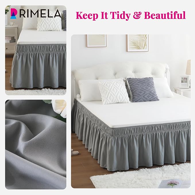 RIMELA Gray King Size Bed Skirt 15 Inch Drop, Elastic Bed Skirting Cal King, Light Grey Bedskirt for Adjustable Bed Base and Frame, Lightweight Wrap Around Dust Ruffle