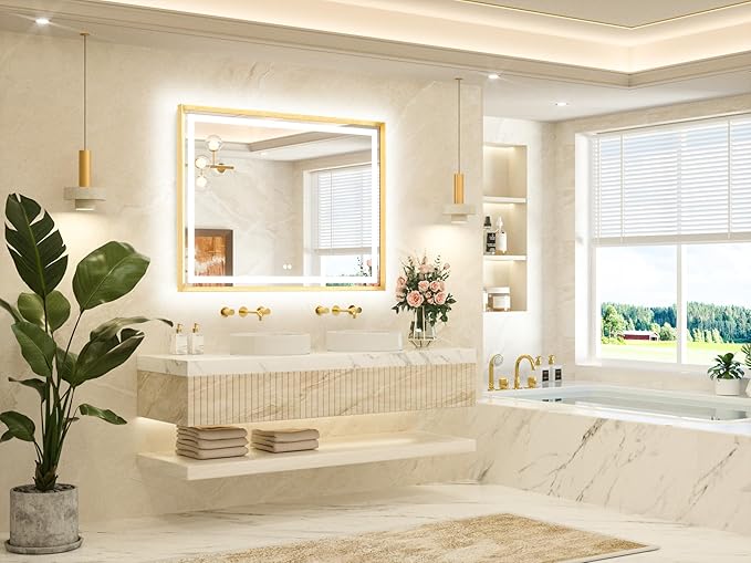 TETOTE 48 x 36 Bathroom LED Mirror Brushed Gold Metal Frame Frontlit & Backlit Stepless Dimmable Anti-Fog 3 Colors White/Warm/Natural Light up Vanity Mirror Wall-Mounted