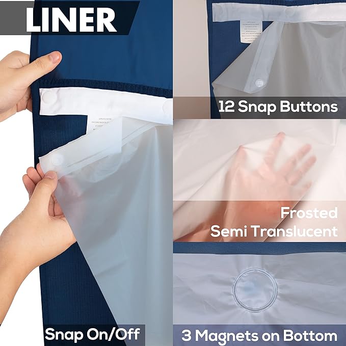 Extra Long No Hook Slub Textured Shower Curtain with Snap-in PEVA Liner Set - 71" x 86"(84"), Hotel Style with See Through Top Window, Navy Blue Fabric Curtain & Waterproof Liner, Navy Blue, 71x86