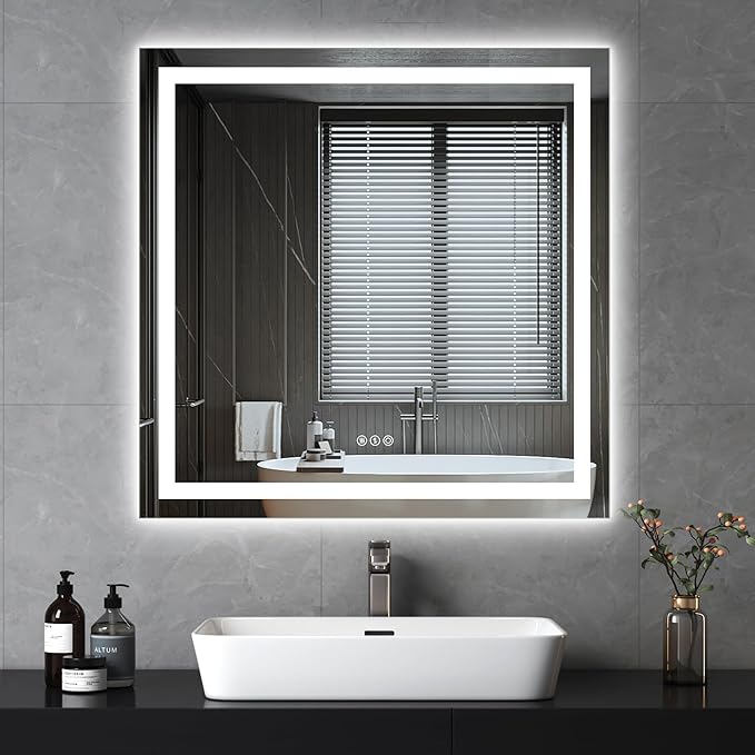 LED Bathroom Mirror with Lights, 36×36Inch Front and Backlit Led Mirror for Bathroom, 3 Colors Dimmable, Defogging, Memory Function, Shatterproof, Tempered Glass, Horizontal/Vertical, UL Listed