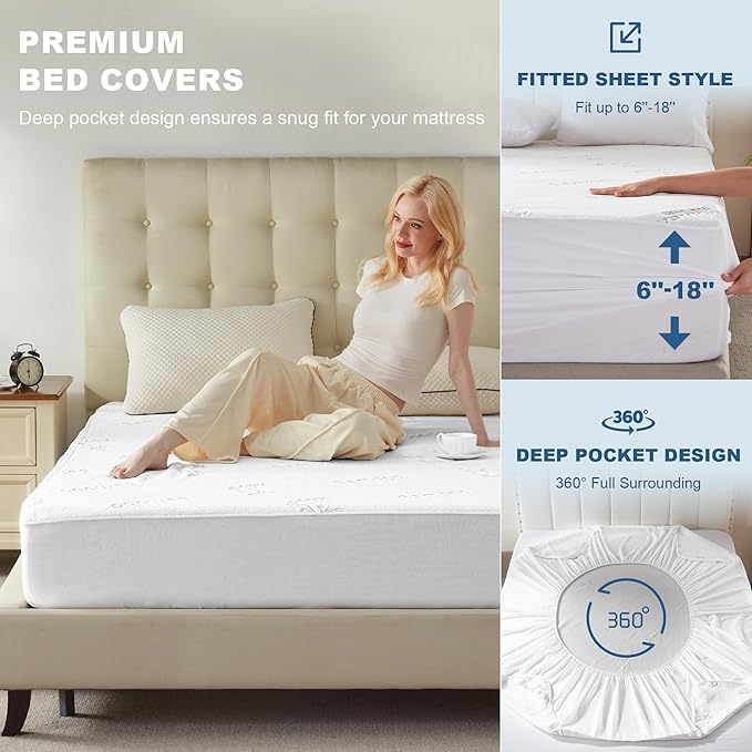 BEDLORE King Size Waterproof Mattress Protector Viscose Derived from Bamboo, Soft Mattress Cover Fitted with Deep Pocket 6"-18", Breathable & Cooling Noiseless Mattress Pad, Machine Washable(White)