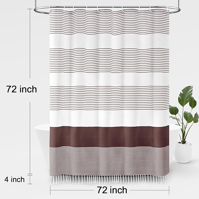 Awellife Boho Dark Brown Shower Curtain for Bathroom Stripe Tassel Shower Curtain 72 X 72 Inches Farmhouse Cotton