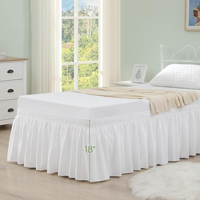 RIMELA Dorm Bed Skirt Twin XL 18 Inch Drop, Extra Long Wrap Around Elastic Bed Skirts Easy to Put On Twin Size Dust Ruffle, White Bedskirt for Adjustable Bed Base Solid Silky Fabric Machine Washable