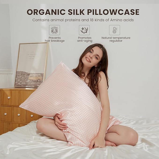 THXSILK Pink Plaid Style 6A+ Grade Mulberry Silk Pillowcase for Hair and Skin, 22 Momme Silk Pillow Case with Hidden Zipper, Organic Silk Pillowcase Standard Size 20x26 inches, 1PC, Pink Plaid