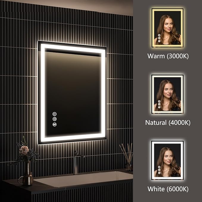 APRILSOUL 20x28 Inch LED Bathroom Mirror with Front and Backlit, Makeup Mirror with 3 Color Lights, Memory Function, Anti-Fog and Dimmable Light (Horizontal/Vertical)