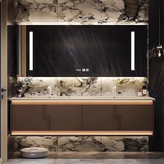 80IN Bathroom Vanity Set with Sink, Smart Defogging Vanity Mirror with 2 Light Strips | with Motion Sensing Light Strips, Bathroom Double Vanities with Sink Includes 2 Drawers (Mirror Cabinet)