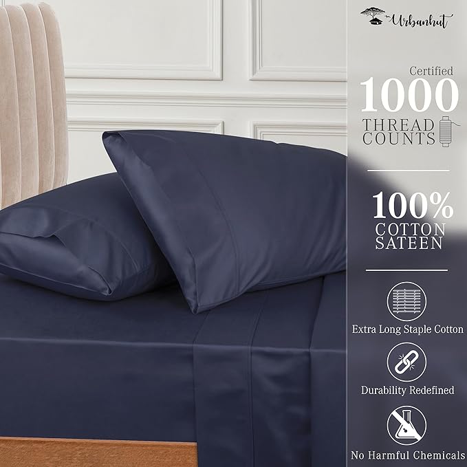 URBANHUT 1000 Thread Count 100% Solid Cotton Twin Sheet Set, Luxury Bedding Set for Twin Size Bed, All Season Sateen Weave Hotel Bedsheets, 16" Elasticized Deep Pocket, Comfy - Navy Blue (3 Pc)