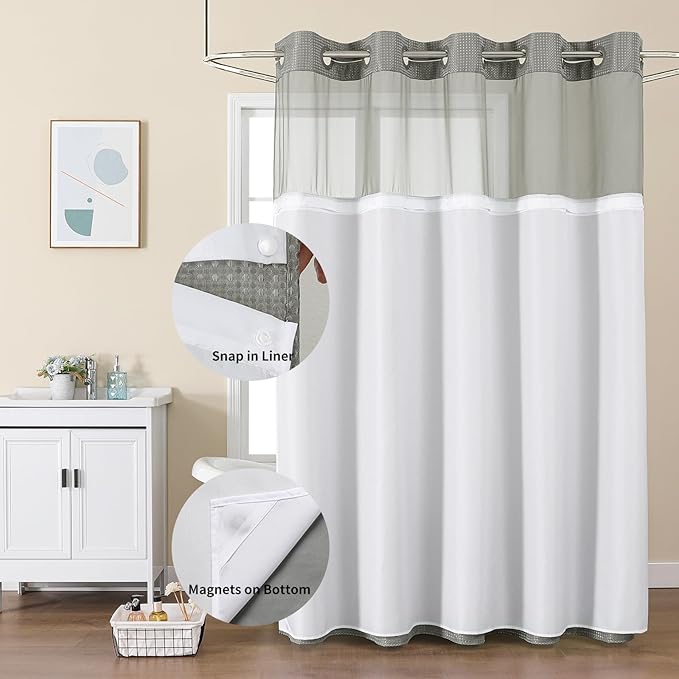 Colorful Star No Hook Shower Curtain with Snap in Fabric Liner, Waffle Weave Heavy Duty Thick Shower Curtains with Mesh Top Window, Hotel Style Waterproof Bathroom Curtain Set, 72 x 87 Inch, Grey