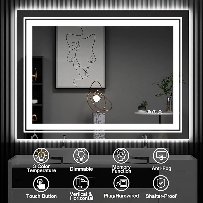 LED Bathroom Mirror, 28"x36" with Front and Backlit, Anti-Fog, Bathroom Vanity Mirror for Wall, Memory Function, Stepless Dimmable, Tempered Glass (Horizontal/Vertical)