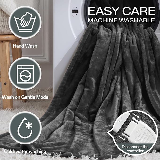 Heated Blanket King Size with Dual Control, Electric Blanket Double-Layer Flannel, Heating Blanket with 8 Heating Levels & 10 Hours Auto-Off Machine Washable, ETL Certification (Dark Grey, 100" x 90")
