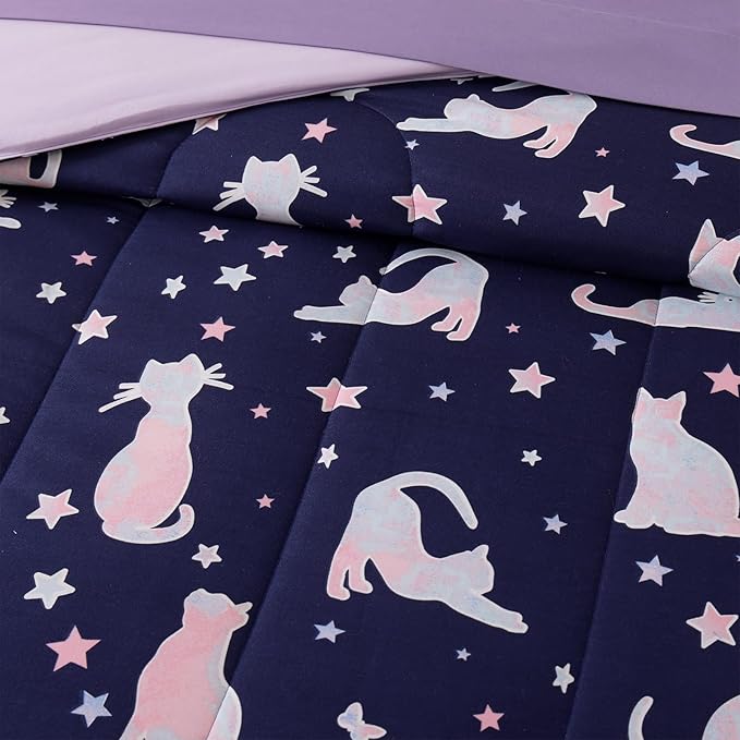 Full Size Comforter Set for Girls-7 Pieces Cute Cat Full Bedding Sets for Kids, Ultra Soft Bed in A Bag with Sheets