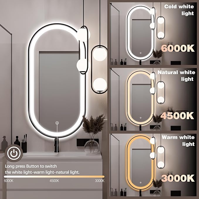48" x 24" Oval LED Bathroom Mirror with Lights, Black Metal Framed Anti-Fog LED Vanity Mirror, Lighted Bathroom Mirrors Wall Mounted, Stepless Dimmable, Shatter-Proof, Horizontal/Vertical