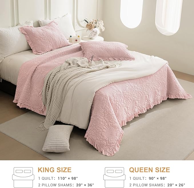QSH 3PCs Stonewashed Cotton Quilt King (110"x98"), Blush Ruffled Quilt King Size Bedding Set,Ultra Lightweight Soft Crinkled Bedspread Coverlet King Shabby Farmhouse Chic Bedding for All Seasons