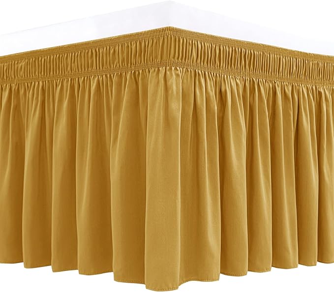 Biscaynebay Wrap Around Bed Skirts for Queen Beds 16" Drop, Gold Adjustable Elastic Dust Ruffles Easy Fit Wrinkle Resistant Silky Luxurious Fabric Machine Washable