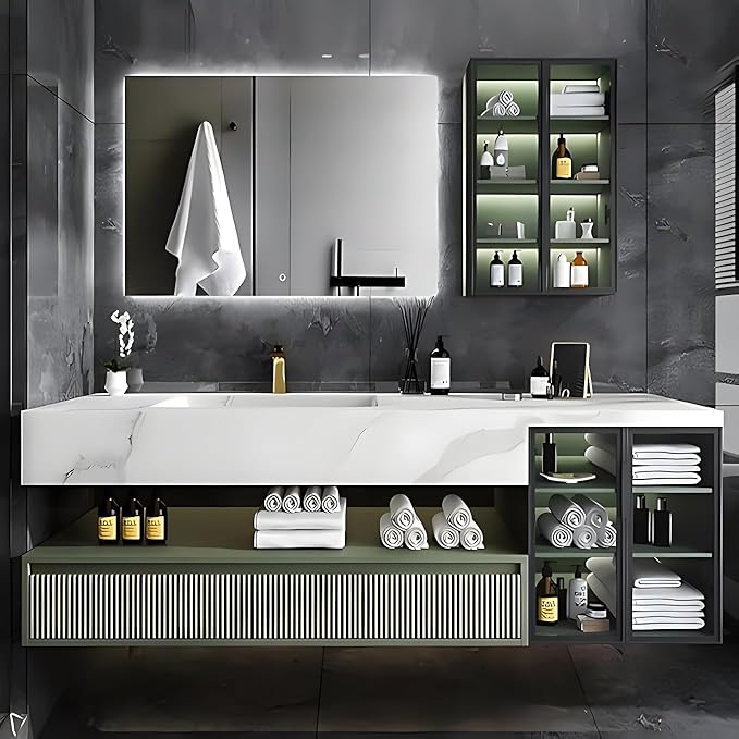 Floating Vanity for Bathroom, 60" Green Bathroom Vanity Set with LED Defog Mirror and Side Medicine Cabinet, Wall Mount Bathroom Storage Cabinet with Glass Door, Single Sink Bath Vanities - Green