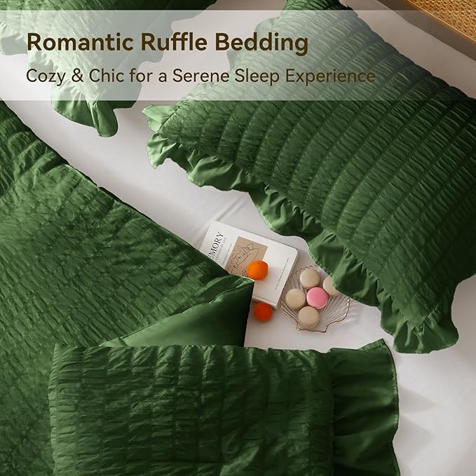 JOLLYVOGUE Dark Green King Comforter Set, 3 Pieces Seersucker Comforters King Size, Lightweight & Fluffy Bedding Sets King for All Season with 1 Ruffle Comforter and 2 Ruffle Pillowshams