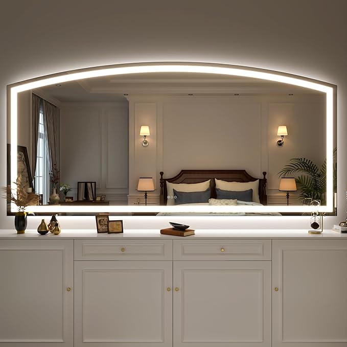 Hasipu 84x40 Inch LED Bathroom Mirror Arch Vanity Mirror with Lights Frontlit Smart Touch Sensor Dimmable 3 Colors Temperature Shatterproof Wall-Mounted Vanity Mirror Metal Frame