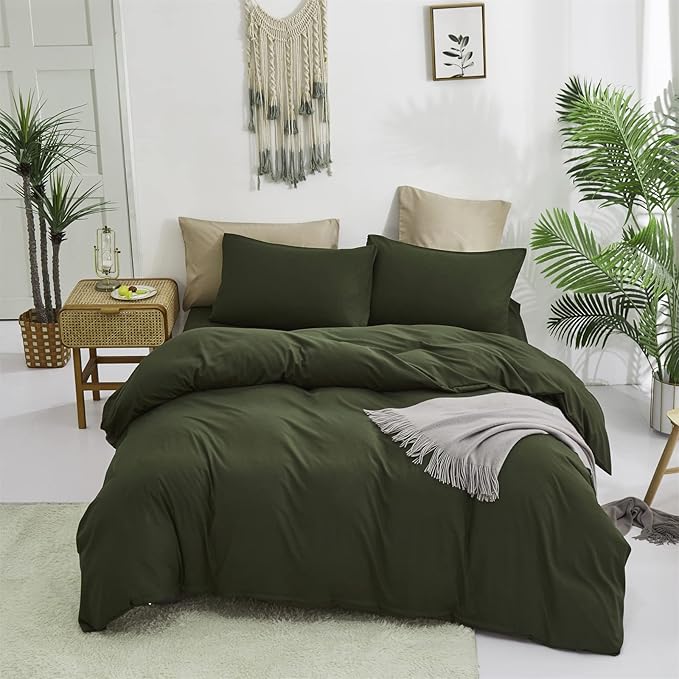 Cottonight Army Green Comforter Set Queen Dark Green Bedding Set Full Plain Modern Style Blanket Quilts Soft Breathable Comforter Set for Women Men