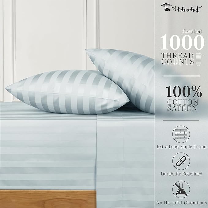 URBANHUT 1000 Thread Count Damask Striped King Sheet Set Egyptian Cotton, Long Staple Soft & Breathable, 4 Pc Bed Sheet Sets, Luxury Hotel Sateen Sheets Fits 16" Deep Pocket - Light Blue