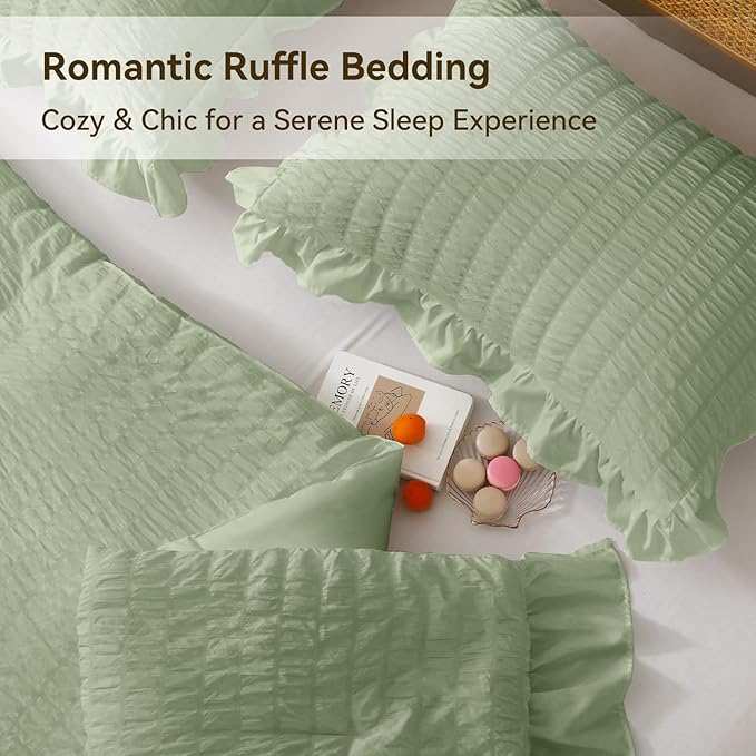 JOLLYVOGUE Sage Green Queen Comforter Set, 3 Pieces Seersucker Comforters Queen Size, Lightweight & Fluffy Bedding Sets Queen for All Season with 1 Ruffle Comforter and 2 Ruffle Pillowshams