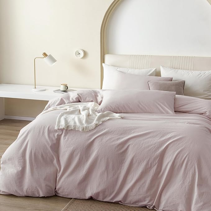 JIYUAN 100% Washed Cotton Duvet Cover Set 3 PCS Oversized Queen, 1 Duvet Cover 98"x98" (Comforter Not Included) and 2 Pillowcases,Linen Feel Bedding Set Comfy and Breathable, Heathered Greyish Pink