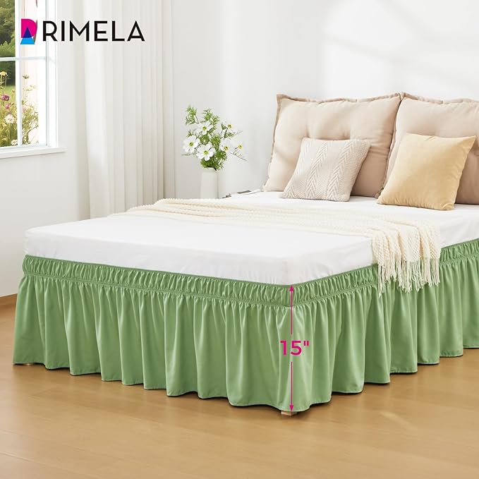 RIMELA Light Green Bed Skirt Full Size 15 Inch Drop, Elastic Bed Skirting for Adjustable Bed Base and Frame, Bedding Dust Ruffle Easy to Install, Hotel Quality Wrap Around Bedskirt