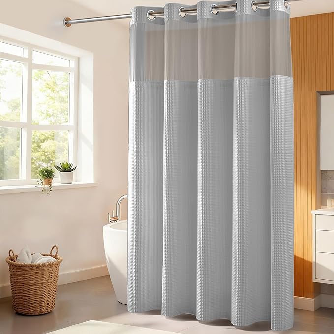 River Dream Lake Wanaka Fabric Shower Curtain Set, Cotton Blend, Waffle Weave, with Snap in Replacement Liner，71 x 86 inches