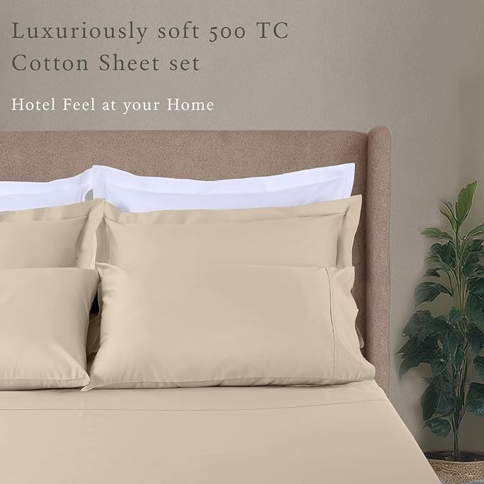 Threadmill - Hotel Luxury Cotton Sheets King Size 100% Cotton, 500 Thread Count Deep Pocket, Snug Fit, Soft & Crisp Cooling Hotel-Quality Bedsheets 4 Piece Set (King, Beige)