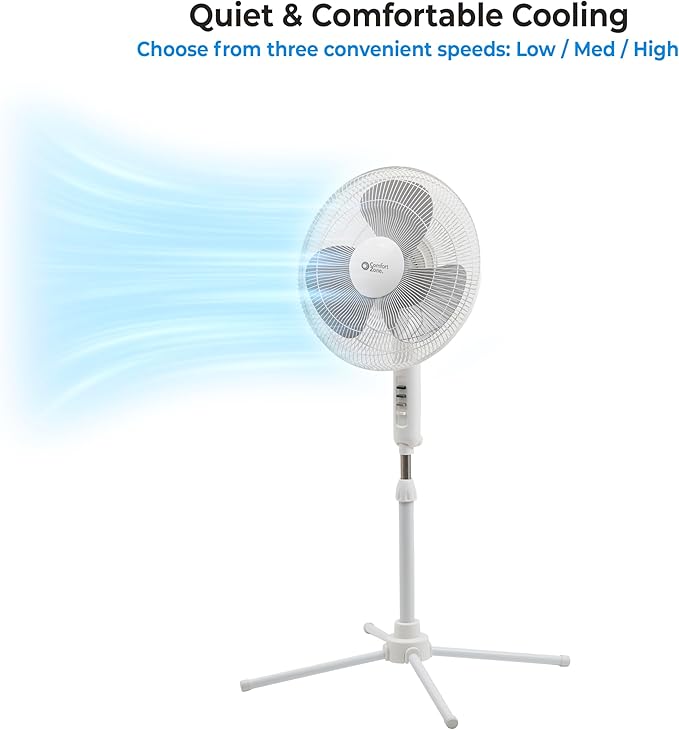 Comfort Zone Stand Fan, 16 inch Pedestal Fan for Bedroom, 3 Speed Floor Fan, 90 Degree Oscillation, Adjustable Height, Adjustable Tilt, Oscillating Air Circulator, Quiet Fan for Home or Office, White